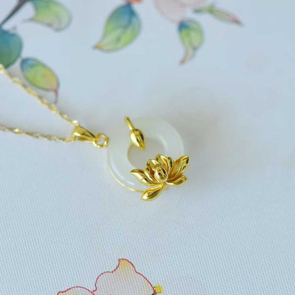 925 Silver Inlaid Hetian Nephrite Peace Ring & Lotus Pendant - jewelry - weilin.com