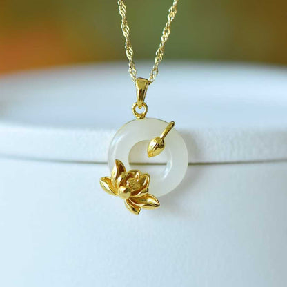 925 Silver Inlaid Hetian Nephrite Peace Ring & Lotus Pendant - jewelry - weilin.com