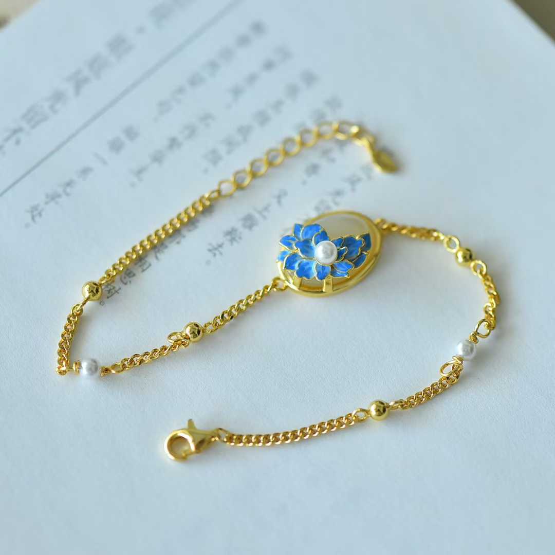 925 Silver Inlaid Hetian Nephrite Peony Bracelet - jewelry - weilin.com