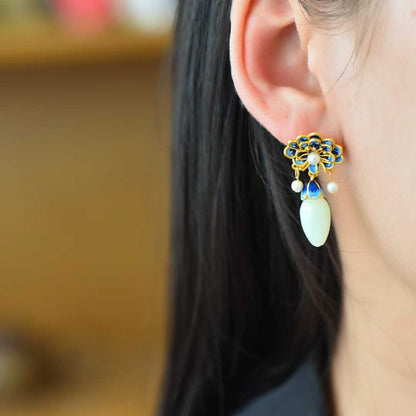 925 Silver Inlaid Hetian Nephrite "Peony in Bloom" Earrings - jewelry - weilin.com