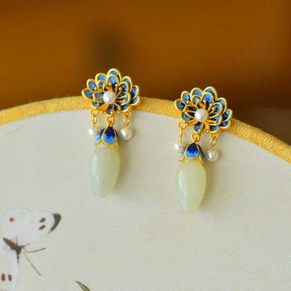 925 Silver Inlaid Hetian Nephrite "Peony in Bloom" Earrings - jewelry - weilin.com