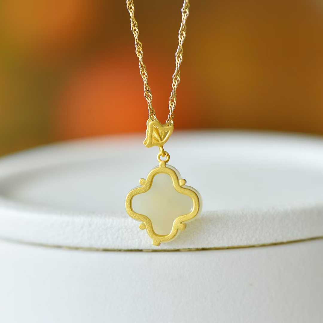 925 Silver Inlaid Hetian Nephrite "Phalaenopsis & Four - Leaf Clover" Pendant - jewelry - weilin.com