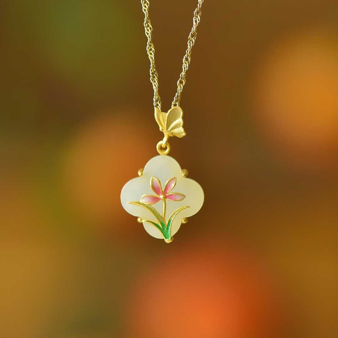 925 Silver Inlaid Hetian Nephrite "Phalaenopsis & Four - Leaf Clover" Pendant - jewelry - weilin.com
