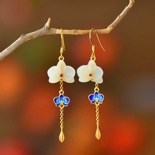 925 Silver Inlaid Hetian Nephrite "Phalaenopsis & Tassel" Enamel Earrings - jewelry - weilin.com