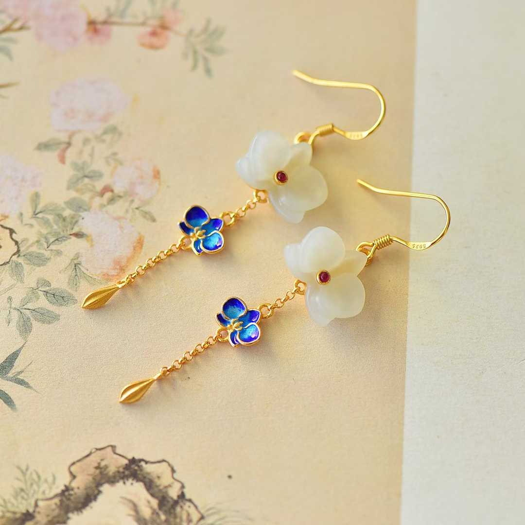 925 Silver Inlaid Hetian Nephrite "Phalaenopsis & Tassel" Enamel Earrings - jewelry - weilin.com