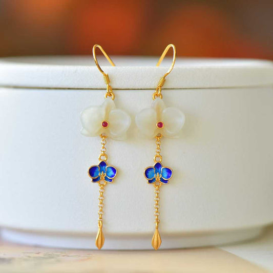 925 Silver Inlaid Hetian Nephrite "Phalaenopsis & Tassel" Enamel Earrings - jewelry - weilin.com