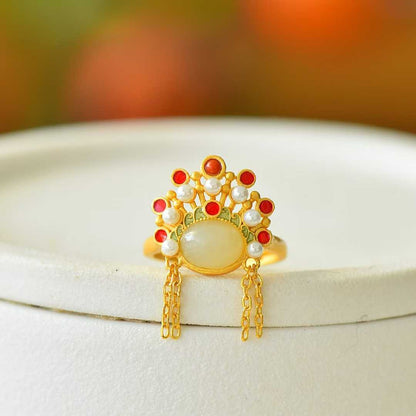 925 Silver Inlaid Hetian Nephrite "Phoenix Crown" Ring - jewelry - weilin.com