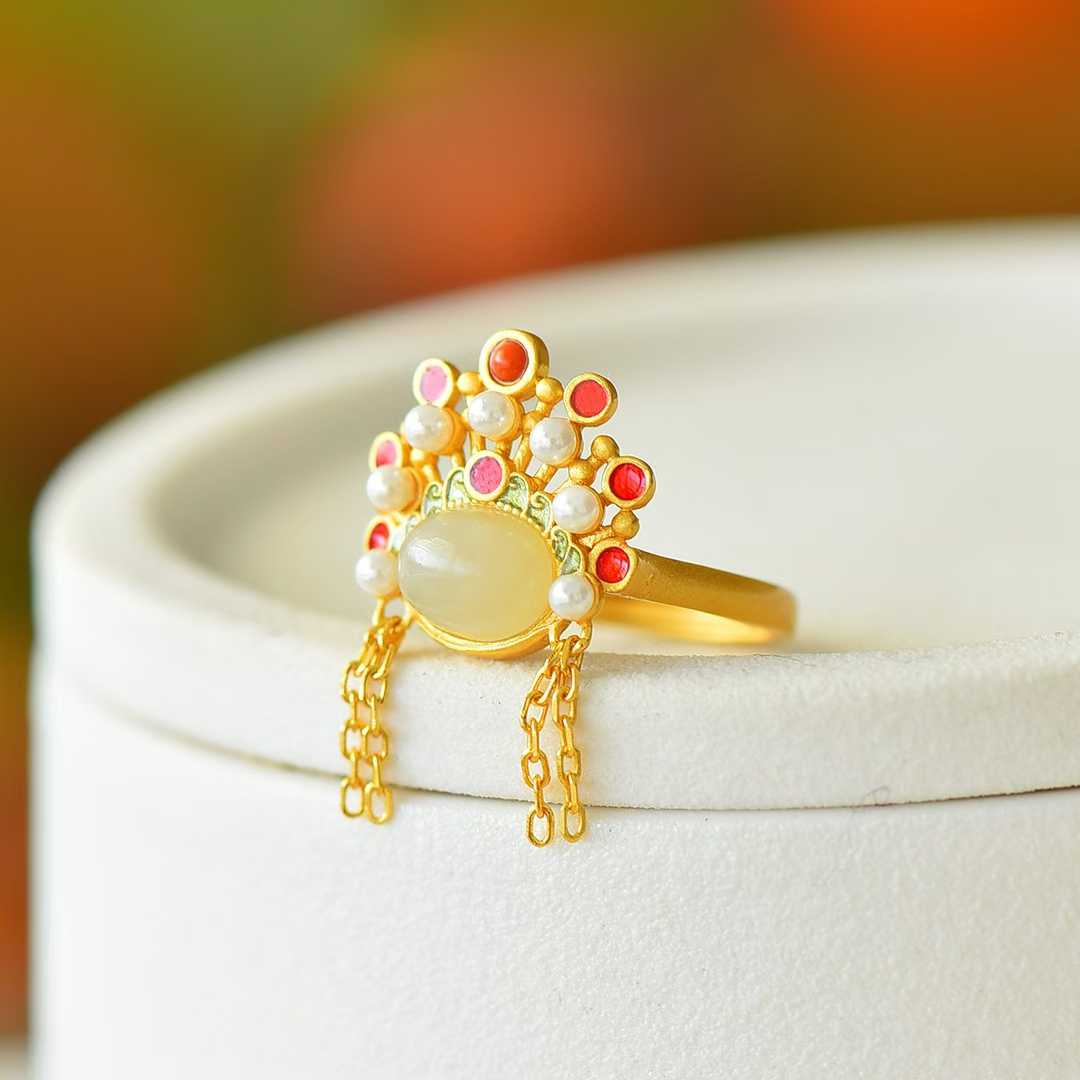 925 Silver Inlaid Hetian Nephrite "Phoenix Crown" Ring - jewelry - weilin.com