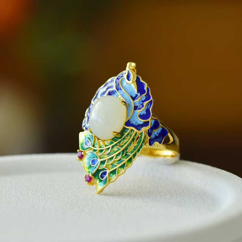 925 Silver Inlaid Hetian Nephrite Phoenix Ring - jewelry - weilin.com