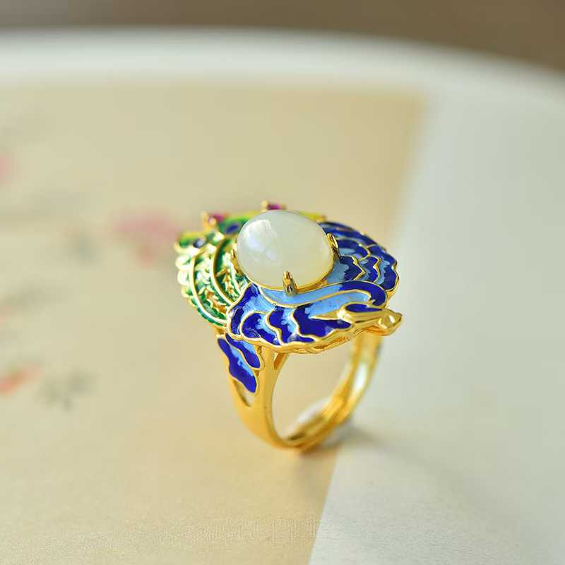 925 Silver Inlaid Hetian Nephrite Phoenix Ring - jewelry - weilin.com