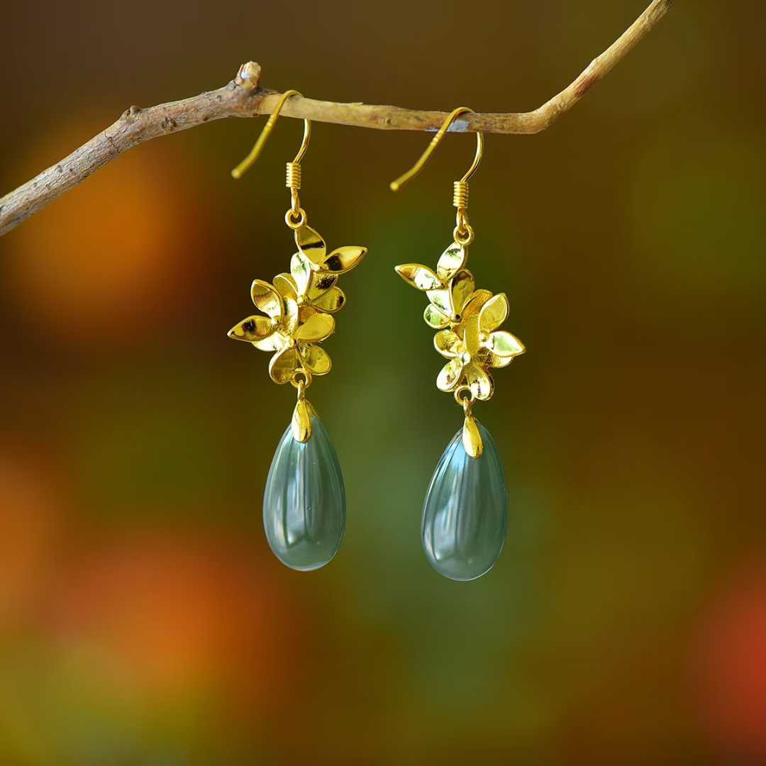 925 Silver Inlaid Hetian Nephrite Plum Blossom Earrings - jewelry - weilin.com