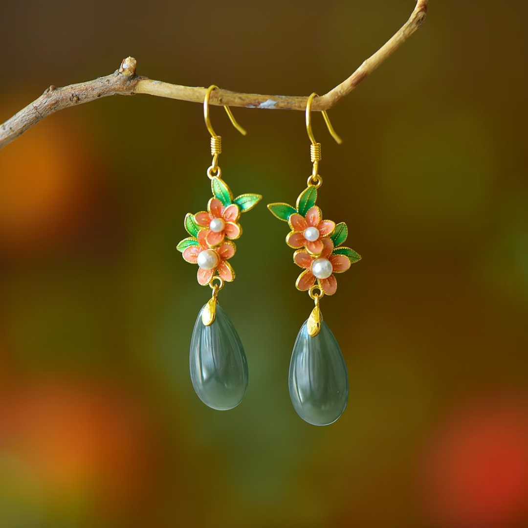 925 Silver Inlaid Hetian Nephrite Plum Blossom Earrings - jewelry - weilin.com