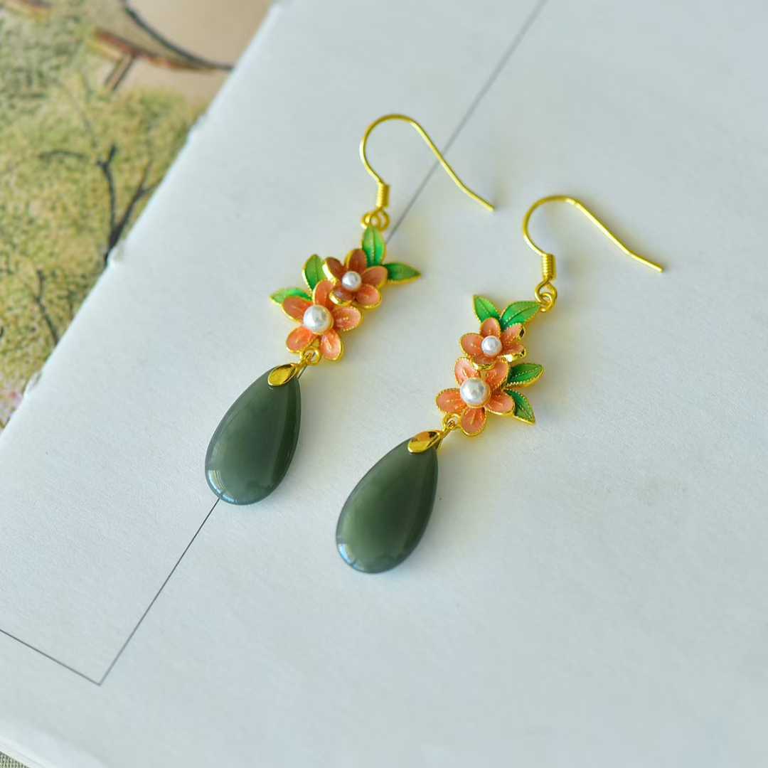 925 Silver Inlaid Hetian Nephrite Plum Blossom Earrings - jewelry - weilin.com