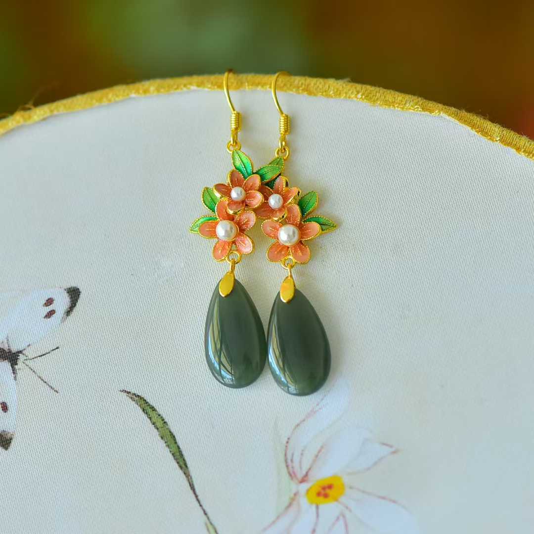 925 Silver Inlaid Hetian Nephrite Plum Blossom Earrings - jewelry - weilin.com