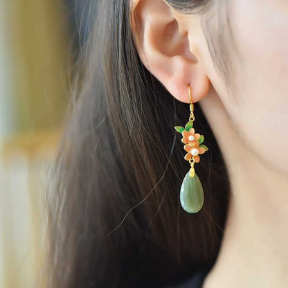 925 Silver Inlaid Hetian Nephrite Plum Blossom Earrings - jewelry - weilin.com