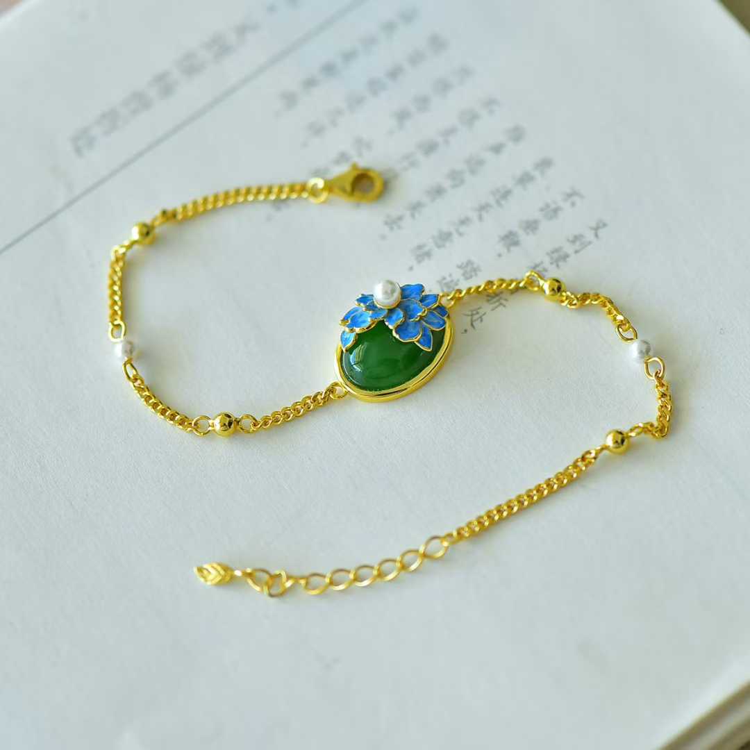 925 Silver Inlaid Hetian Nephrite "Plum Blossom & Joyful Mood" Bracelet - jewelry - weilin.com