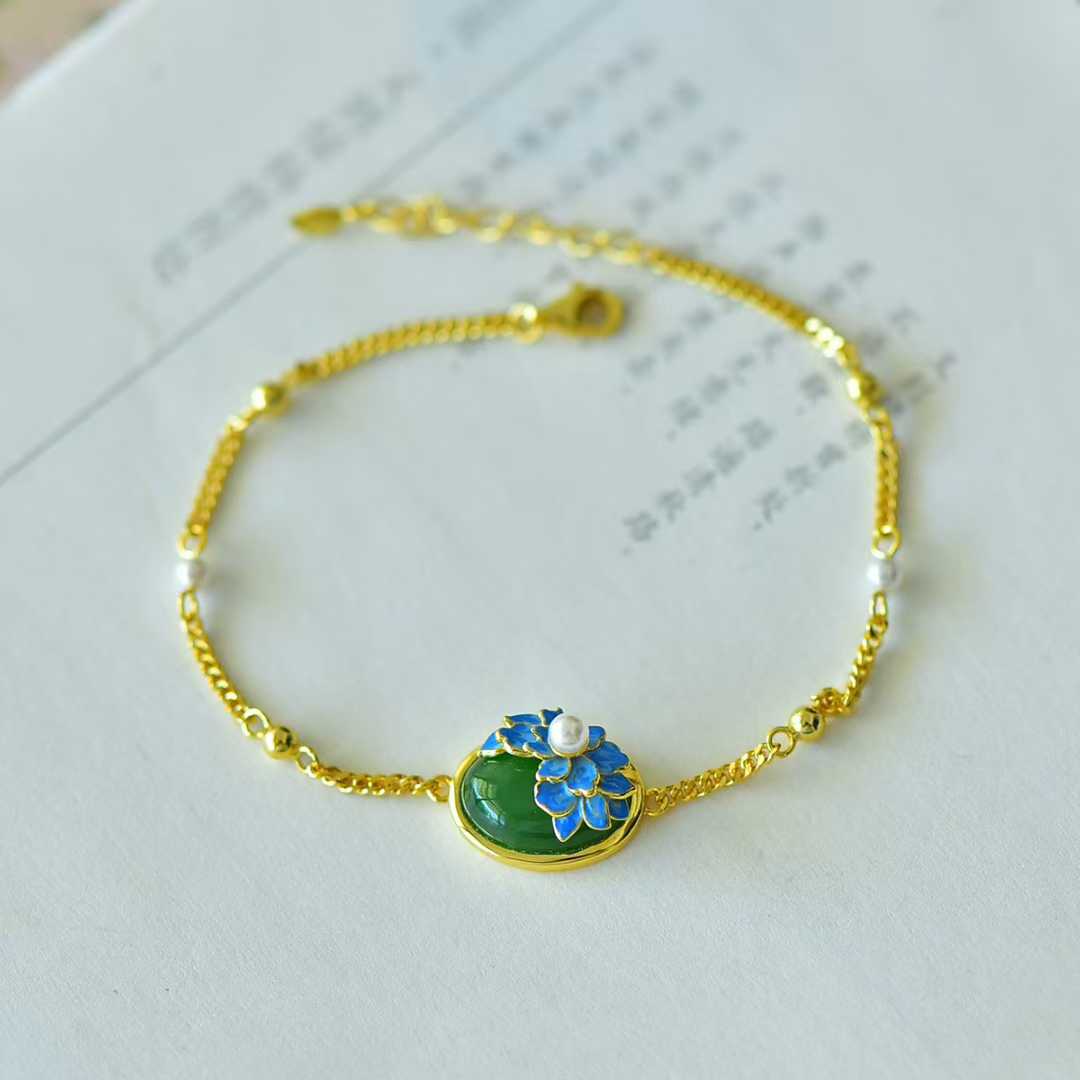925 Silver Inlaid Hetian Nephrite "Plum Blossom & Joyful Mood" Bracelet - jewelry - weilin.com