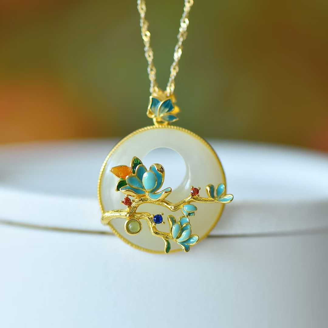 925 Silver Inlaid Hetian Nephrite "Princess Buckle & Butterfly - on - Flower" Pendant - jewelry - weilin.com