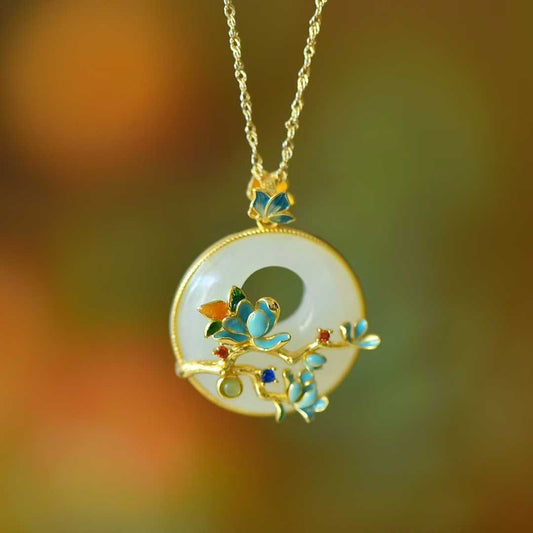 925 Silver Inlaid Hetian Nephrite "Princess Buckle & Butterfly - on - Flower" Pendant - jewelry - weilin.com