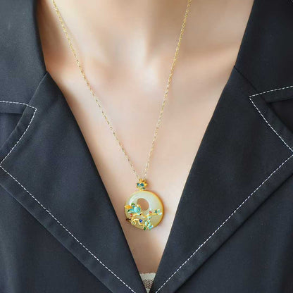 925 Silver Inlaid Hetian Nephrite "Princess Buckle & Butterfly - on - Flower" Pendant - jewelry - weilin.com