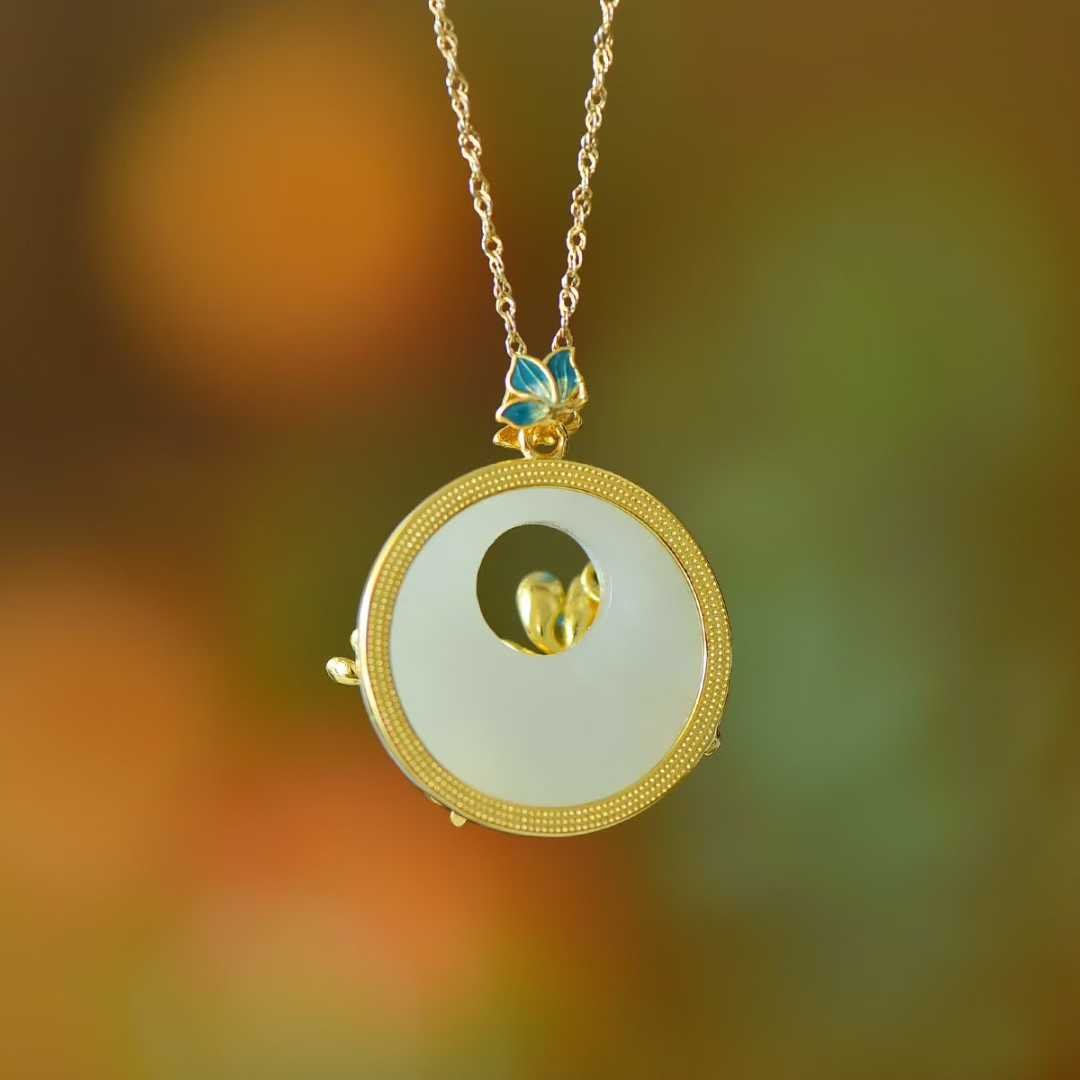 925 Silver Inlaid Hetian Nephrite "Princess Buckle & Butterfly - on - Flower" Pendant - jewelry - weilin.com