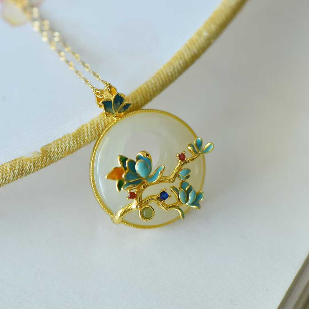 925 Silver Inlaid Hetian Nephrite "Princess Buckle & Butterfly - on - Flower" Pendant - jewelry - weilin.com