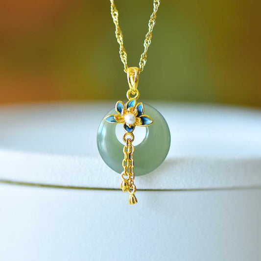 925 Silver Inlaid Hetian Nephrite "Princess Clasp & Lotus" Pendant - jewelry - weilin.com