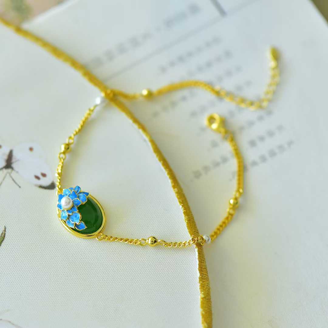 925 Silver Inlaid Hetian Nephrite "Prosperous Peony" Bracelet - jewelry - weilin.com