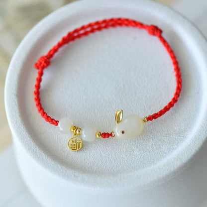 925 Silver Inlaid Hetian Nephrite "Rabbit & Red Cord - Multi - Gem & Multi - Blessings" - jewelry - weilin.com