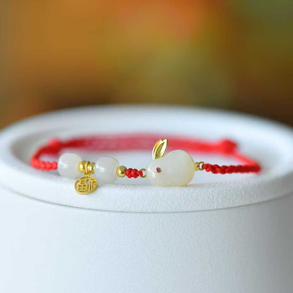 925 Silver Inlaid Hetian Nephrite "Rabbit & Red Cord - Multi - Gem & Multi - Blessings" - jewelry - weilin.com