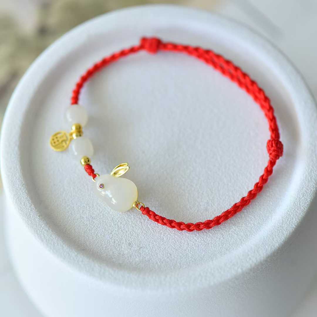 925 Silver Inlaid Hetian Nephrite "Rabbit & Red Cord - Multi - Gem & Multi - Blessings" - jewelry - weilin.com