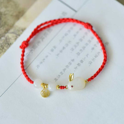 925 Silver Inlaid Hetian Nephrite "Rabbit & Red Cord - Multi - Gem & Multi - Blessings" - jewelry - weilin.com