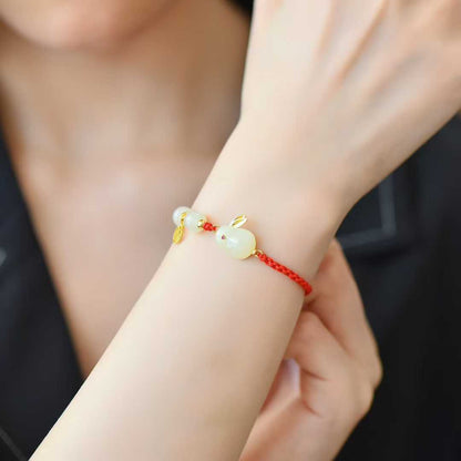925 Silver Inlaid Hetian Nephrite "Rabbit & Red Cord - Multi - Gem & Multi - Blessings" - jewelry - weilin.com