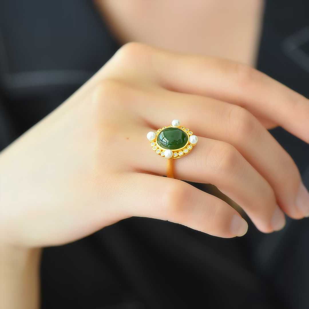 925 Silver Inlaid Hetian Nephrite Roman Dial Ring - jewelry - weilin.com