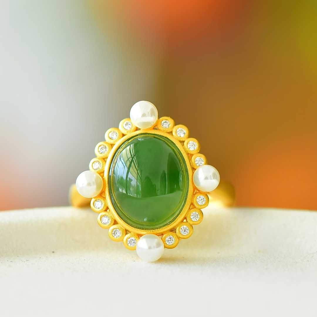 925 Silver Inlaid Hetian Nephrite Roman Dial Ring - jewelry - weilin.com