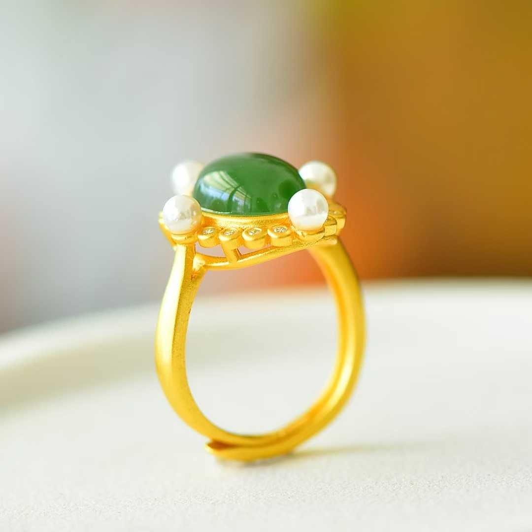 925 Silver Inlaid Hetian Nephrite Roman Dial Ring - jewelry - weilin.com