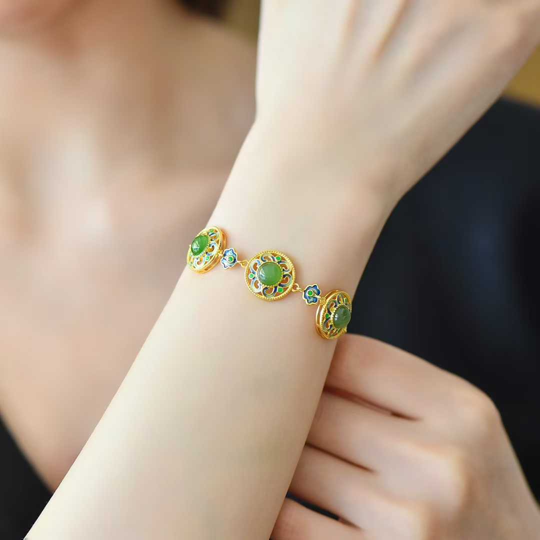 925 Silver Inlaid Hetian Nephrite Round Cabochon Ruyi Bracelet - jewelry - weilin.com