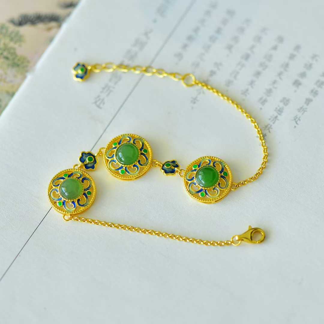 925 Silver Inlaid Hetian Nephrite Round Cabochon Ruyi Bracelet - jewelry - weilin.com