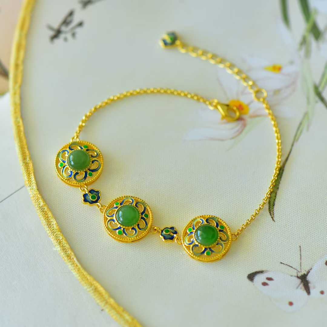 925 Silver Inlaid Hetian Nephrite Round Cabochon Ruyi Bracelet - jewelry - weilin.com