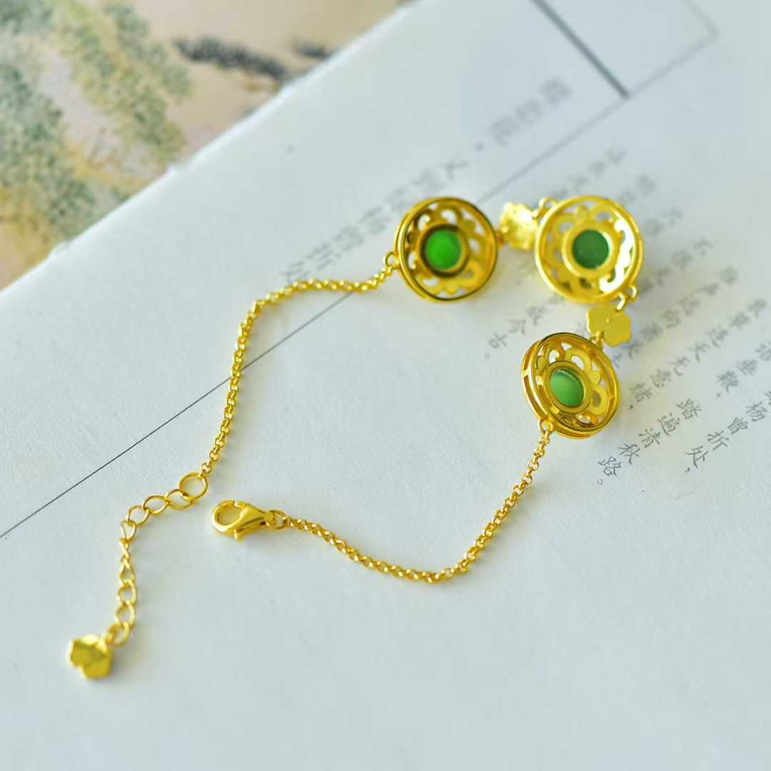 925 Silver Inlaid Hetian Nephrite Round Cabochon Ruyi Bracelet - jewelry - weilin.com