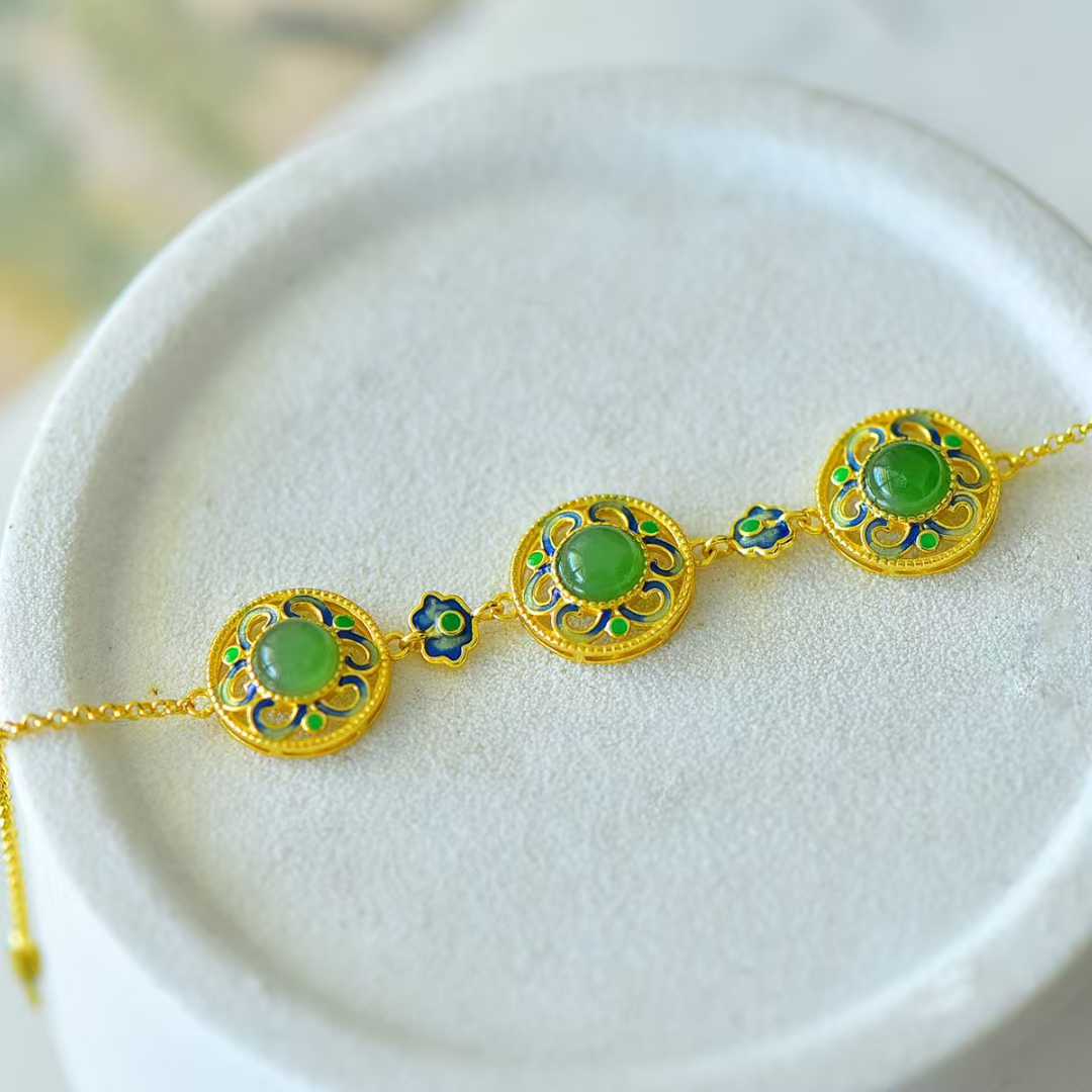 925 Silver Inlaid Hetian Nephrite Round Cabochon Ruyi Bracelet - jewelry - weilin.com