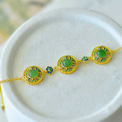 925 Silver Inlaid Hetian Nephrite Round Cabochon Ruyi Bracelet - jewelry - weilin.com