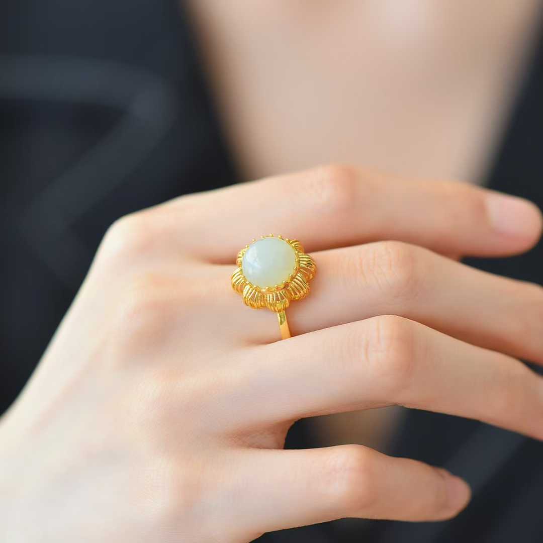 925 Silver Inlaid Hetian Nephrite "Round Drum & Plain Silver Hollow - Out" Ring - jewelry - weilin.com