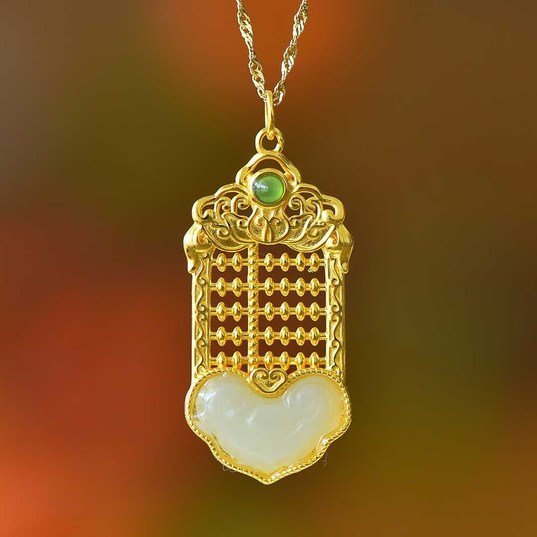 925 Silver Inlaid Hetian Nephrite "Ruyi Abacus" Pendant - jewelry - weilin.com