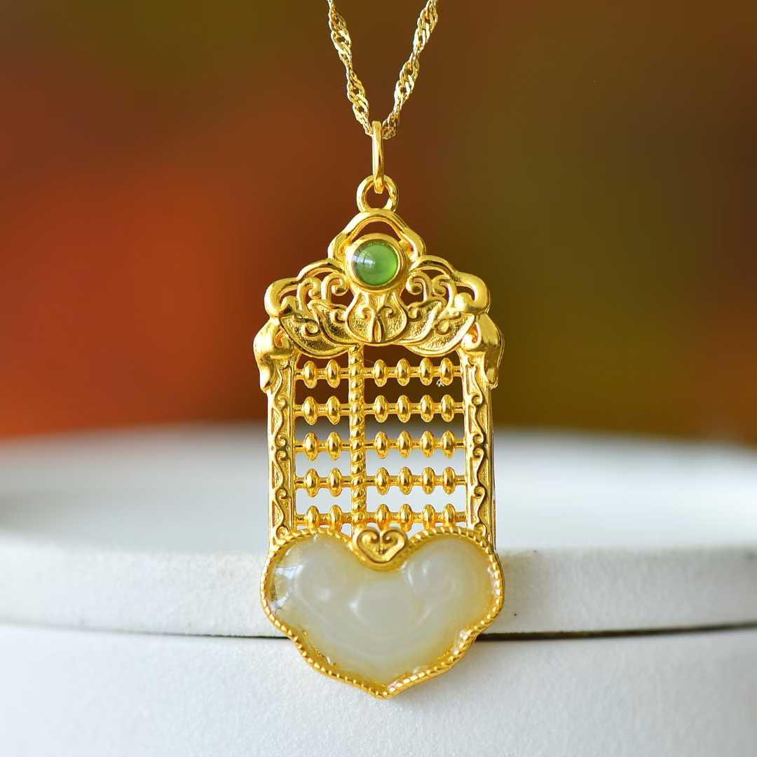 925 Silver Inlaid Hetian Nephrite "Ruyi Abacus" Pendant - jewelry - weilin.com