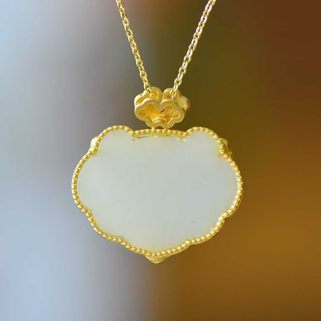 925 Silver Inlaid Hetian Nephrite "Ruyi & Hundred Blessings" Pendant - jewelry - weilin.com