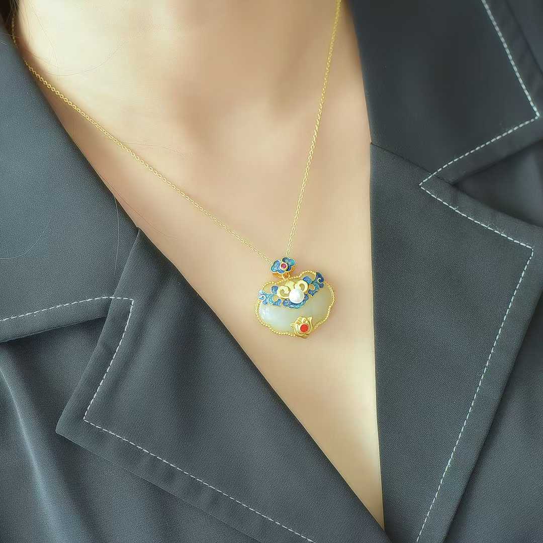 925 Silver Inlaid Hetian Nephrite "Ruyi & Hundred Blessings" Pendant - jewelry - weilin.com