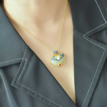 925 Silver Inlaid Hetian Nephrite "Ruyi & Hundred Blessings" Pendant - jewelry - weilin.com