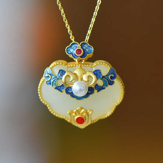 925 Silver Inlaid Hetian Nephrite "Ruyi & Hundred Blessings" Pendant - jewelry - weilin.com