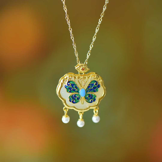 925 Silver Inlaid Hetian Nephrite "Ruyi Lock & Dream Butterfly" Pendant - jewelry - weilin.com